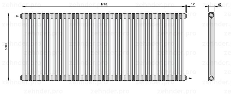 Схема (чертеж) Радиатор Zehnder Charleston 2180/38 №1670 Белый глянцевый RAL 9016